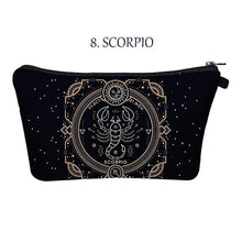 Load image into Gallery viewer, Scorpio. Whether you’re an imaginative Pisces, a passionate Cancer, or a practical Taurus, the pretty makeup bag Each captures the essence of a zodiac sign with beautiful artwork. The luxe fabric resists dirt, stains, shrinking, and stretching. Perfect for toiletries and makeup. 
