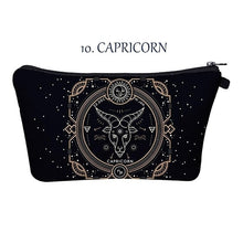 Load image into Gallery viewer, Capricorn. Whether you’re an imaginative Pisces, a passionate Cancer, or a practical Taurus, the pretty makeup bag Each captures the essence of a zodiac sign with beautiful artwork. The luxe fabric resists dirt, stains, shrinking, and stretching. Perfect for toiletries and makeup. 
