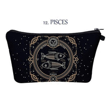 Load image into Gallery viewer, Whether you’re an imaginative Pisces, a passionate Cancer, or a practical Taurus, the pretty makeup bag Each captures the essence of a zodiac sign with beautiful artwork. The luxe fabric resists dirt, stains, shrinking, and stretching. Perfect for toiletries and makeup. 
