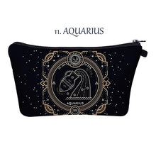 Load image into Gallery viewer, Aquarius. Whether you’re an imaginative Pisces, a passionate Cancer, or a practical Taurus, the pretty makeup bag Each captures the essence of a zodiac sign with beautiful artwork. The luxe fabric resists dirt, stains, shrinking, and stretching. Perfect for toiletries and makeup. 
