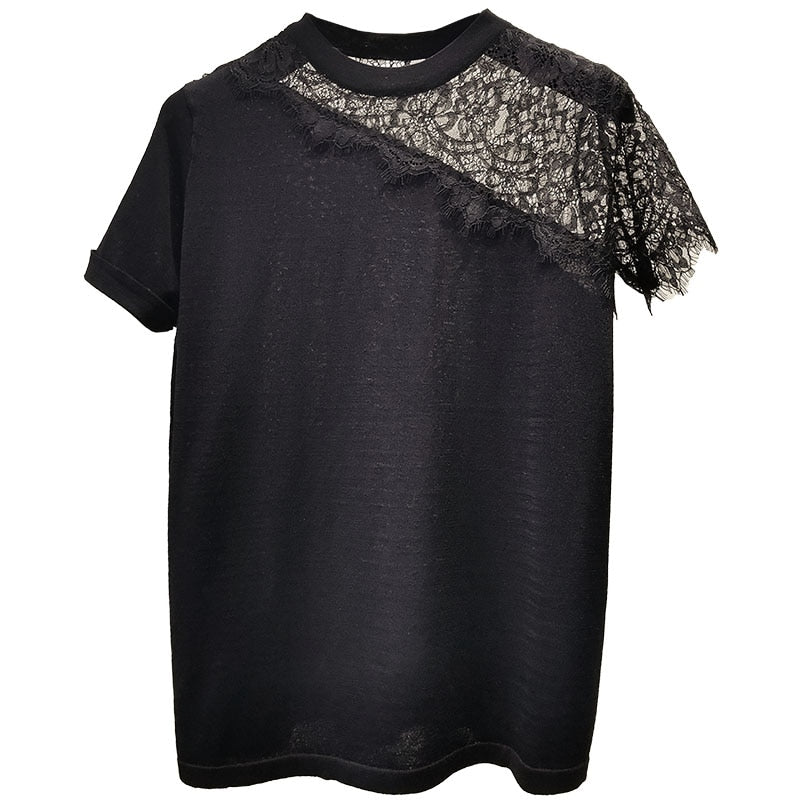 Dress up your casual outfits with the Luxe Black Lace Top! Featuring lightweight material, wide O-neck, short sleeves. A uniquely asymmetrical style is trimmed with glamorous lace.