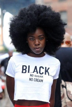 This is a must in your wardrobe! Our Black No Sugar No cream Crop Top has plenty of attitude and is a statement piece. Has a crew neck, short sleeves, loose fitting and soft fabric. Style it with your favorite jeans and high heels for an elevated casual look.